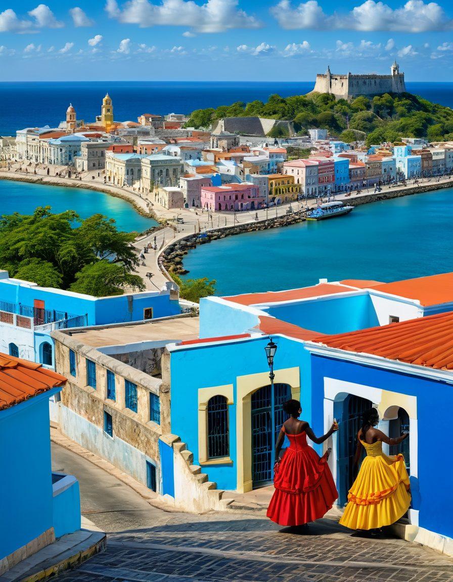 A vibrant scene capturing the essence of Santiago de Cuba: the stunning Victorian architecture of the Castillo del Morro overlooking the blue waters, a lively cultural festival with dancers in colorful costumes, and historical sites like the Moncada Barracks. A blend of history, culture, and scenic beauty. super-realistic. vibrant colors. wide panoramic view.
