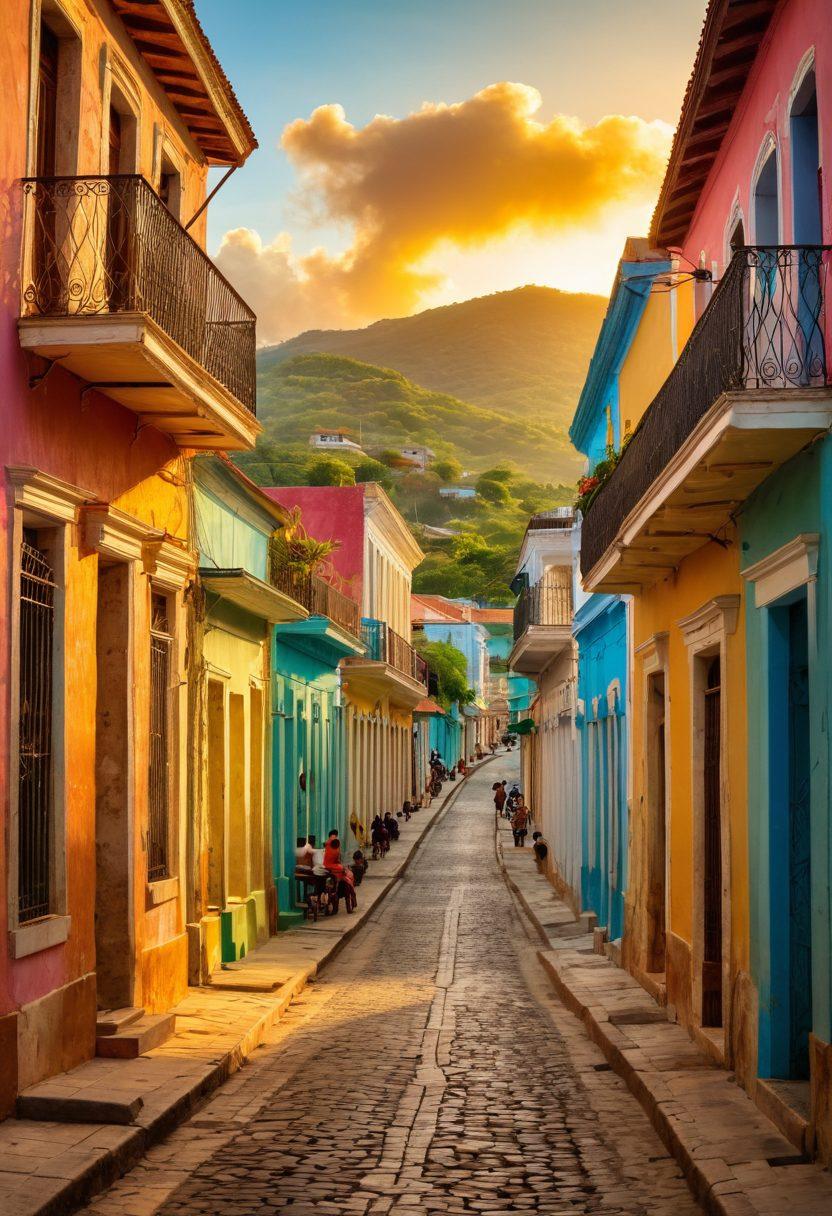 A vibrant street scene in Santiago de Cuba bustling with local life; colorful colonial buildings, a lively market with fresh produce and handmade crafts, locals engaging cheerfully, and hidden alleyways inviting exploration. Caribbean sunset casting a warm glow over the picturesque city. painting. vibrant colors.