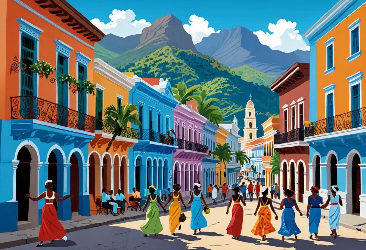 A vibrant scene of Santiago de Cuba's historic city center with colorful colonial buildings, lively street markets, and a background of lush mountains meeting the azure Caribbean sea. Include locals in traditional attire, dancing or playing music, to capture the cultural spirit. vector art. vibrant colors.